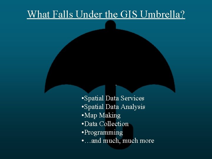 What Falls Under the GIS Umbrella? • Spatial Data Services • Spatial Data Analysis