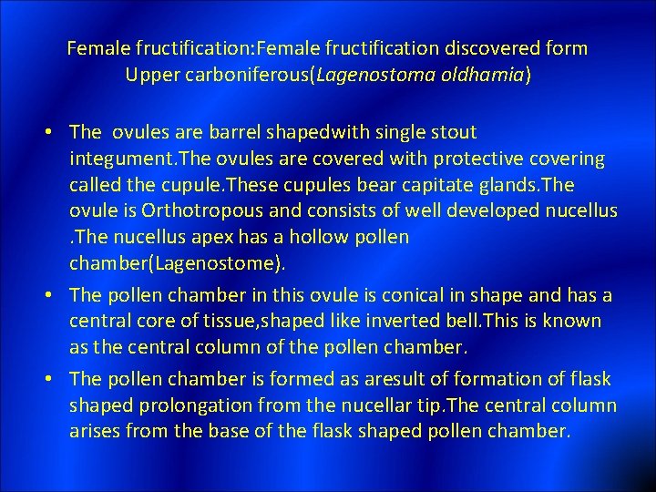 Female fructification: Female fructification discovered form Upper carboniferous(Lagenostoma oldhamia) • The ovules are barrel