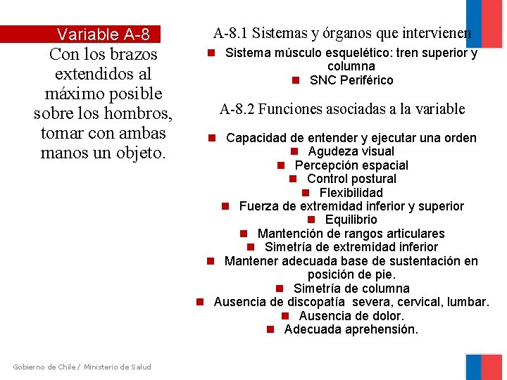 Variable A-8 Con los brazos extendidos al máximo posible sobre los hombros, tomar con