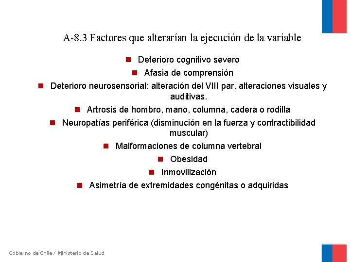 A-8. 3 Factores que alterarían la ejecución de la variable Deterioro cognitivo severo Afasia