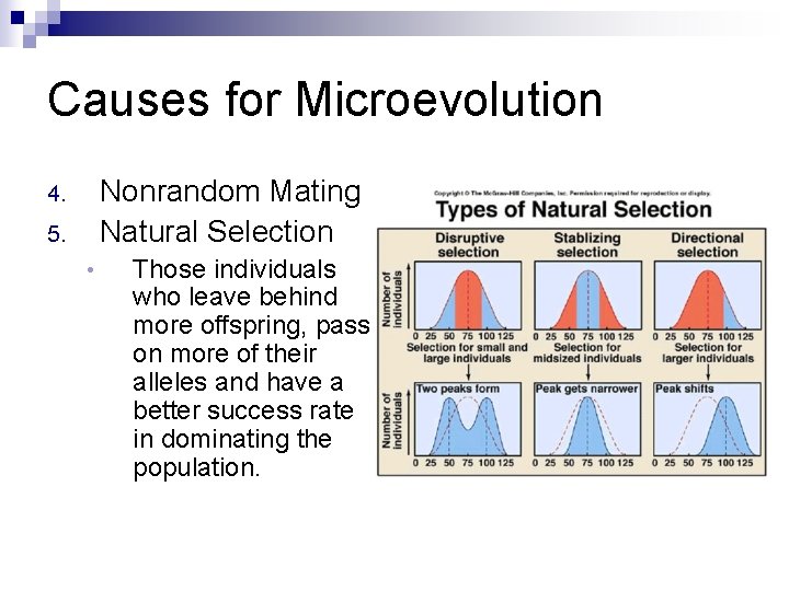 Causes for Microevolution Nonrandom Mating Natural Selection 4. 5. • Those individuals who leave