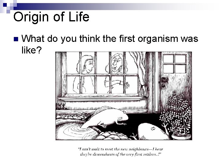 Origin of Life n What do you think the first organism was like? Origin of Life n What do you think the first organism was like?