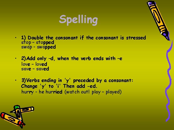 Spelling • 1) Double the consonant if the consonant is stressed stop – stopped