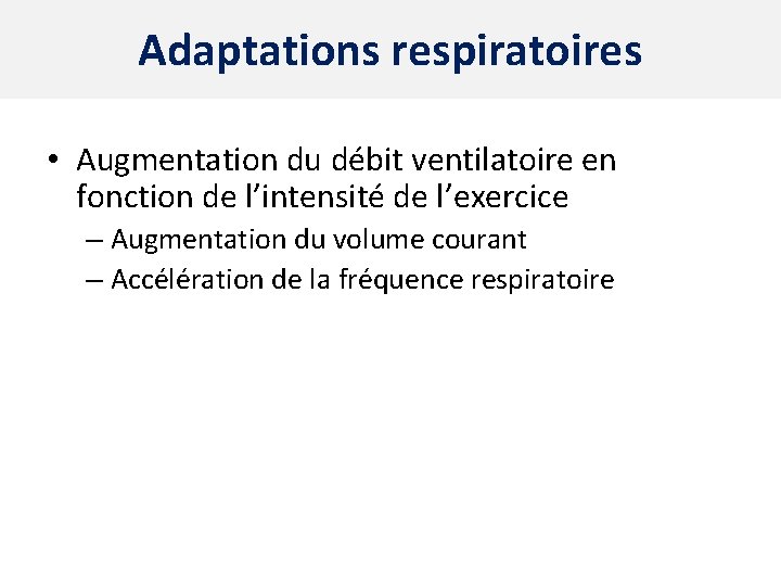 Adaptations respiratoires • Augmentation du débit ventilatoire en fonction de l’intensité de l’exercice –