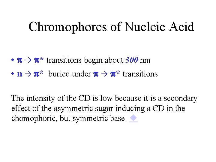 Chromophores of Nucleic Acid • p p* transitions begin about 300 nm • n