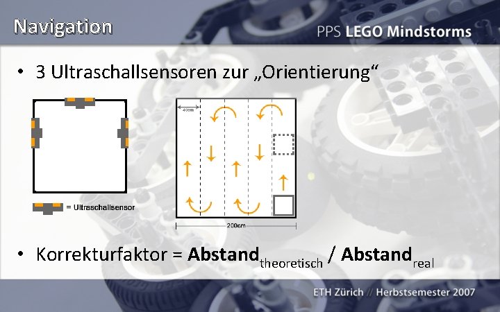 Navigation • 3 Ultraschallsensoren zur „Orientierung“ • Korrekturfaktor = Abstandtheoretisch / Abstandreal 