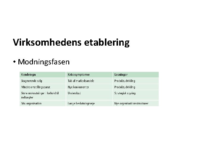 Virksomhedens etablering • Modningsfasen 