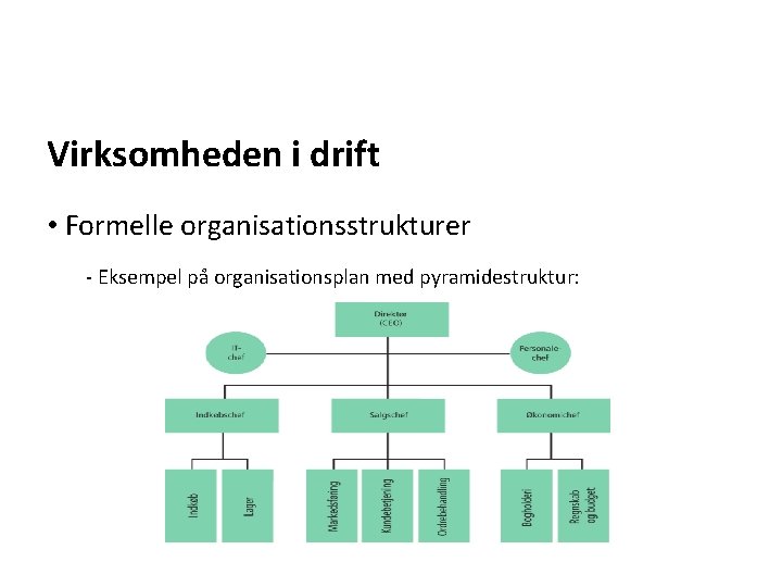 Virksomheden i drift • Formelle organisationsstrukturer - Eksempel på organisationsplan med pyramidestruktur: 
