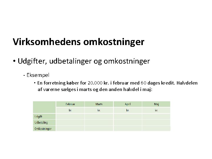 Virksomhedens omkostninger • Udgifter, udbetalinger og omkostninger - Eksempel • En forretning køber for