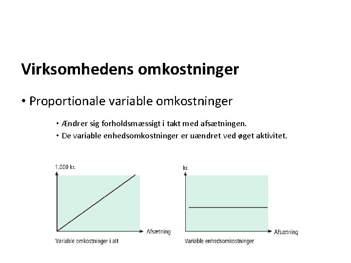 Virksomhedens omkostninger • Proportionale variable omkostninger • Ændrer sig forholdsmæssigt i takt med afsætningen.