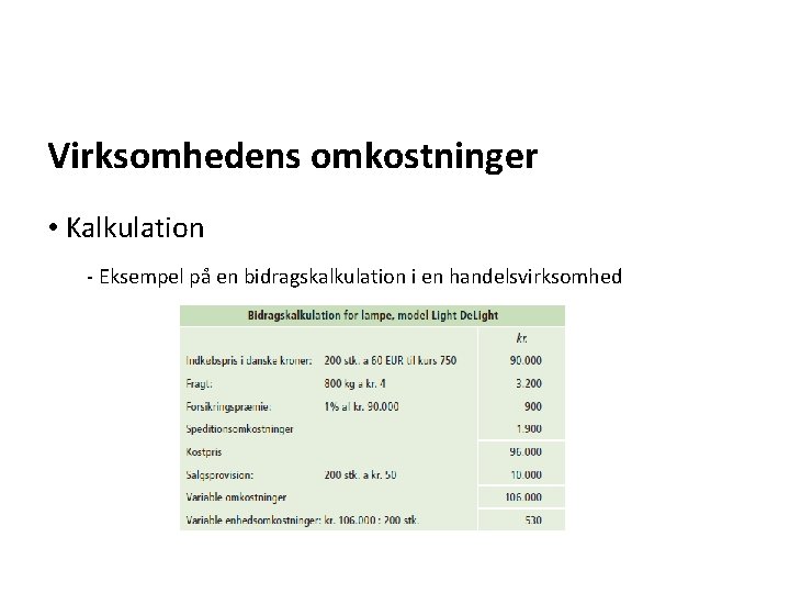 Virksomhedens omkostninger • Kalkulation - Eksempel på en bidragskalkulation i en handelsvirksomhed 