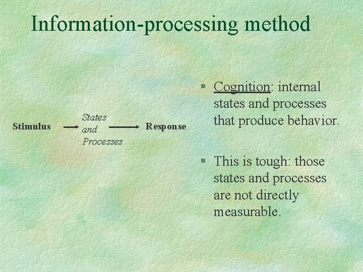 Information-processing method Stimulus States and Processes Response § Cognition: internal states and processes that