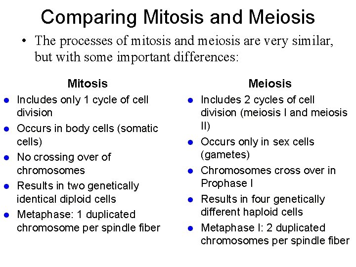 Comparing Mitosis and Meiosis • The processes of mitosis and meiosis are very similar,