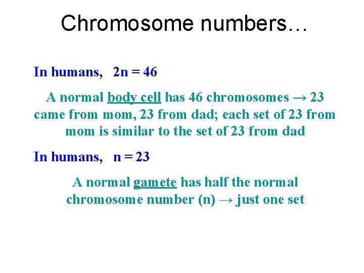 Chromosome numbers… In humans, 2 n = 46 A normal body cell has 46