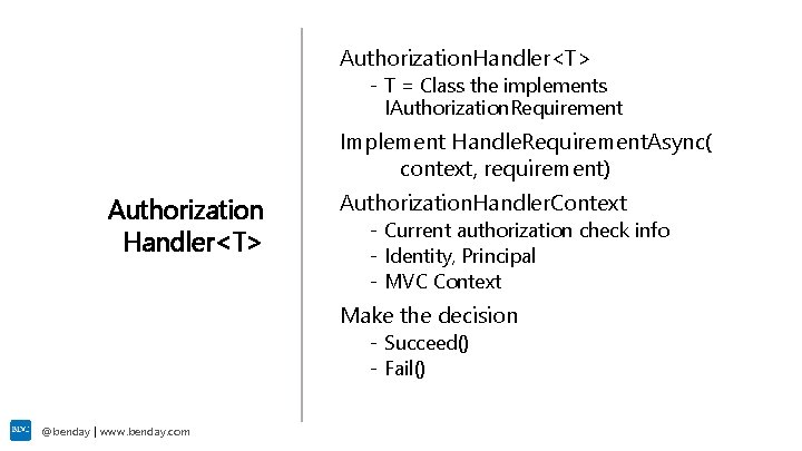 Authorization. Handler<T> - T = Class the implements IAuthorization. Requirement Implement Handle. Requirement. Async(