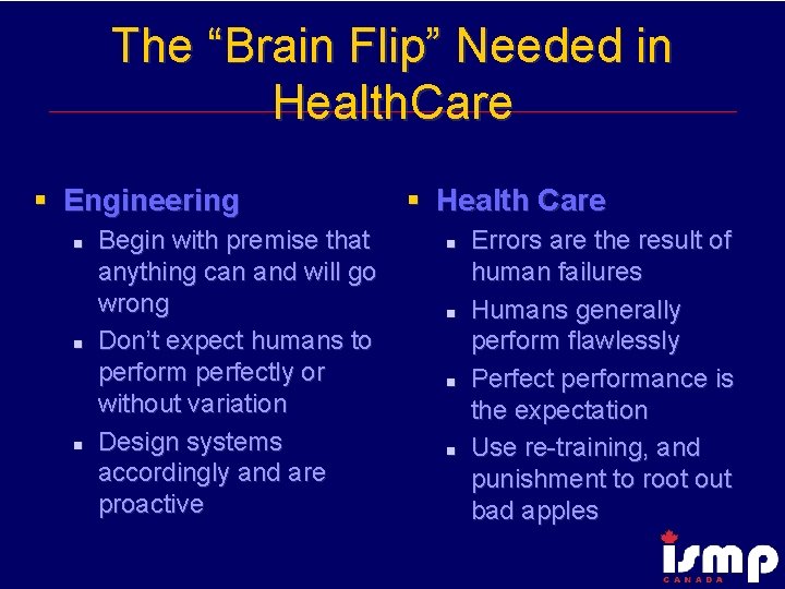 The “Brain Flip” Needed in Health. Care § Engineering n n n Begin with