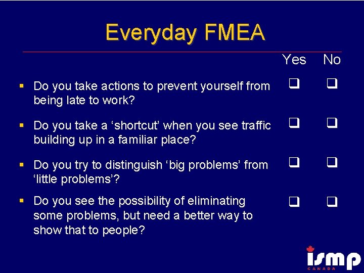 Everyday FMEA Yes No § Do you take actions to prevent yourself from being