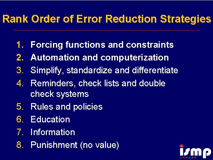 Rank Order of Error Reduction Strategies 1. 2. 3. 4. 5. 6. 7. 8.