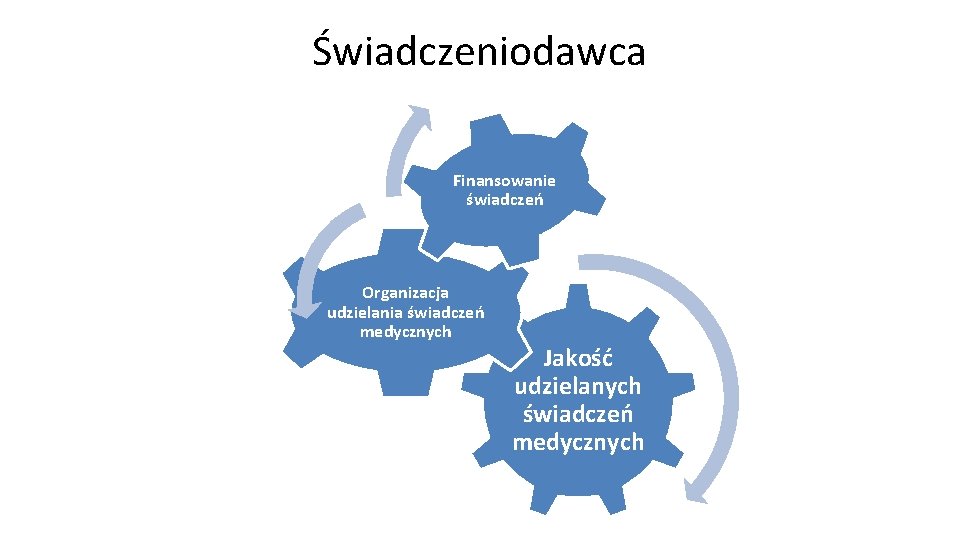 Świadczeniodawca Finansowanie świadczeń Organizacja udzielania świadczeń medycznych Jakość udzielanych świadczeń medycznych 