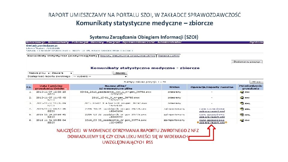 RAPORT UMIESZCZAMY NA PORTALU SZOI, W ZAKŁADCE SPRAWOZDAWCZOŚĆ Komunikaty statystyczne medyczne – zbiorcze Systemu