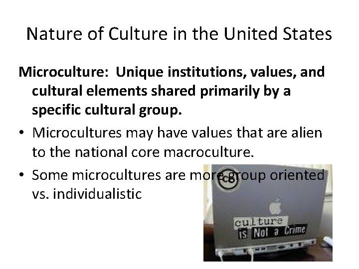 Nature of Culture in the United States Microculture: Unique institutions, values, and cultural elements