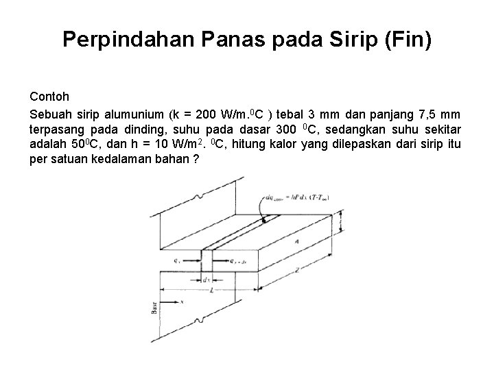 Perpindahan Panas pada Sirip (Fin) Contoh Sebuah sirip alumunium (k = 200 W/m. 0 Perpindahan Panas pada Sirip (Fin) Contoh Sebuah sirip alumunium (k = 200 W/m. 0