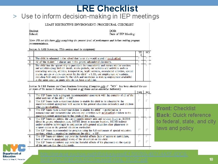 LRE Checklist > Use to inform decision-making in IEP meetings Front: Checklist Back: Quick