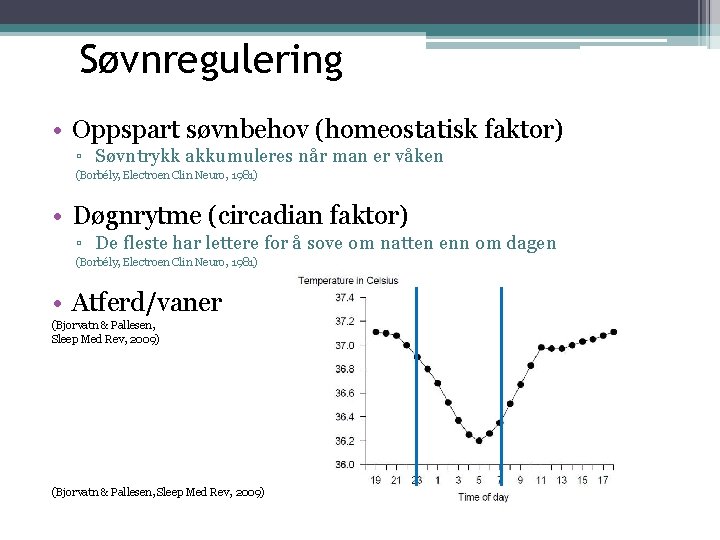 Søvnregulering • Oppspart søvnbehov (homeostatisk faktor) ▫ Søvntrykk akkumuleres når man er våken (Borbély,