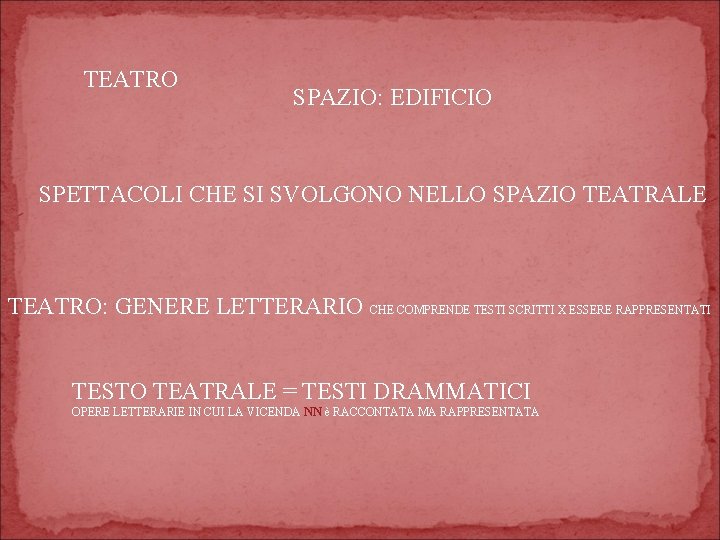 TEATRO SPAZIO: EDIFICIO SPETTACOLI CHE SI SVOLGONO NELLO SPAZIO TEATRALE TEATRO: GENERE LETTERARIO CHE