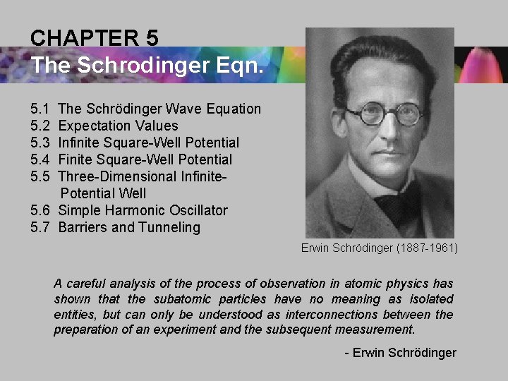 CHAPTER 5 The Schrodinger Eqn. 5. 1 5. 2 5. 3 5. 4 5.