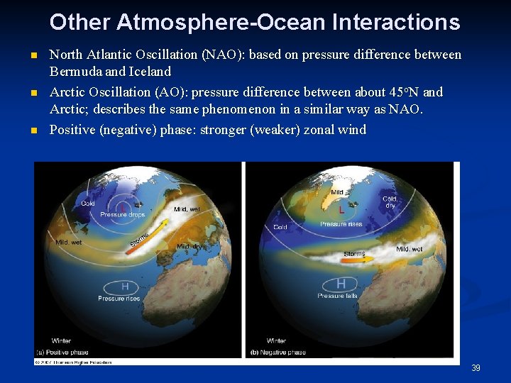 Other Atmosphere-Ocean Interactions n n n North Atlantic Oscillation (NAO): based on pressure difference