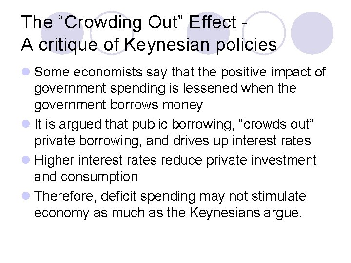 The “Crowding Out” Effect A critique of Keynesian policies l Some economists say that