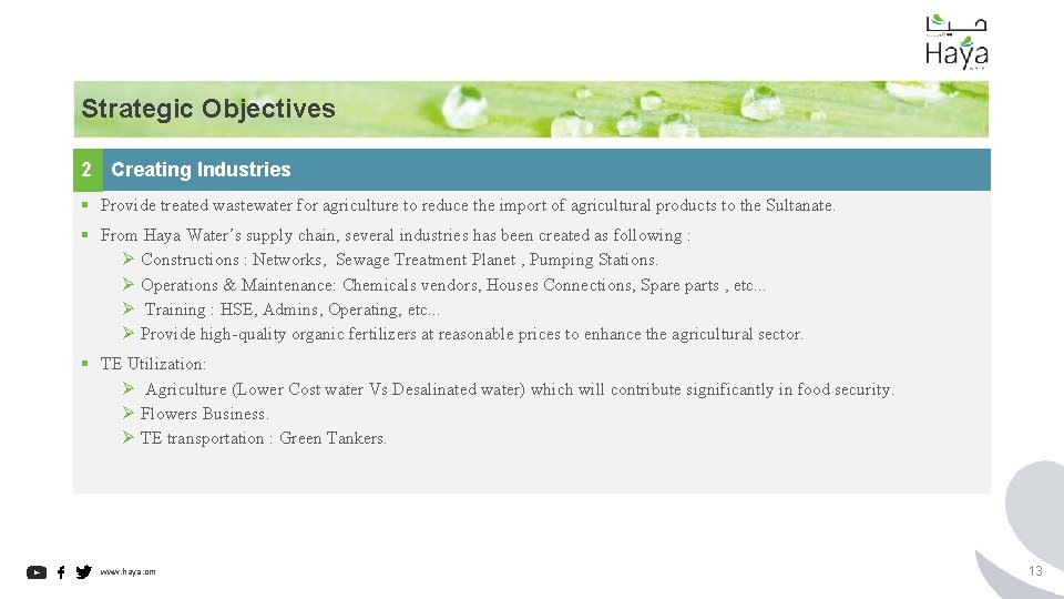 Strategic Objectives 2 Creating Industries § Provide treated wastewater for agriculture to reduce the