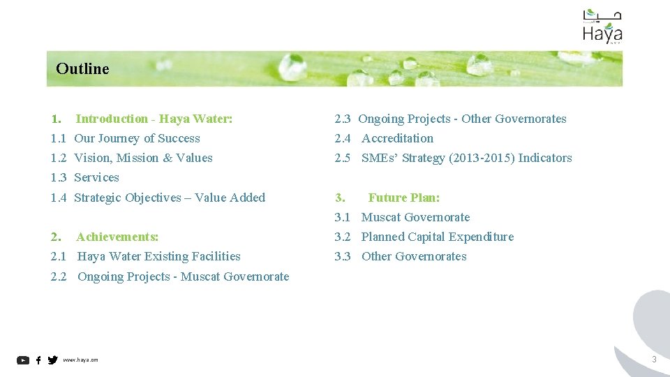 Outline 1. Introduction - Haya Water: 1. 1 Our Journey of Success 1. 2