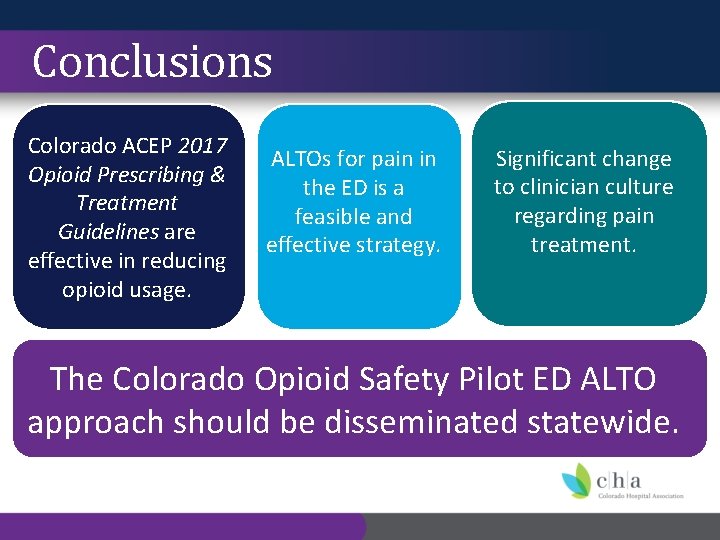 Conclusions Colorado ACEP 2017 Opioid Prescribing & Treatment Guidelines are effective in reducing opioid