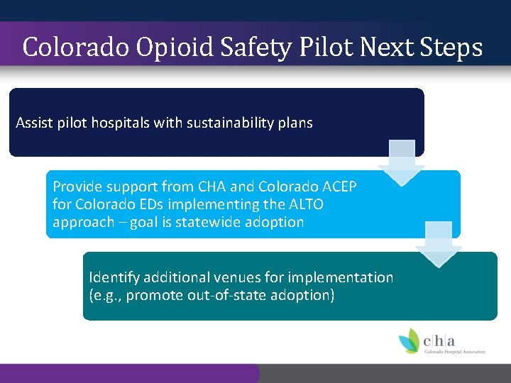 Colorado Opioid Safety Pilot Next Steps Assist pilot hospitals with sustainability plans Provide support