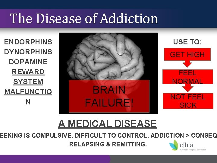 The Disease of Addiction ENDORPHINS DYNORPHINS DOPAMINE REWARD SYSTEM MALFUNCTIO N USE TO: GET