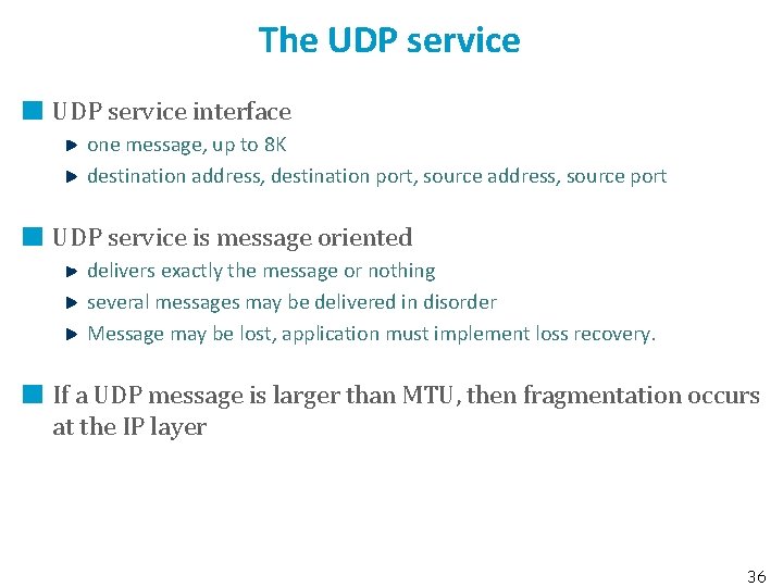 The UDP service interface one message, up to 8 K destination address, destination port,