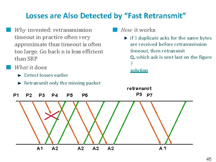 Losses are Also Detected by “Fast Retransmit” Why invented: retransmission timeout in practice often