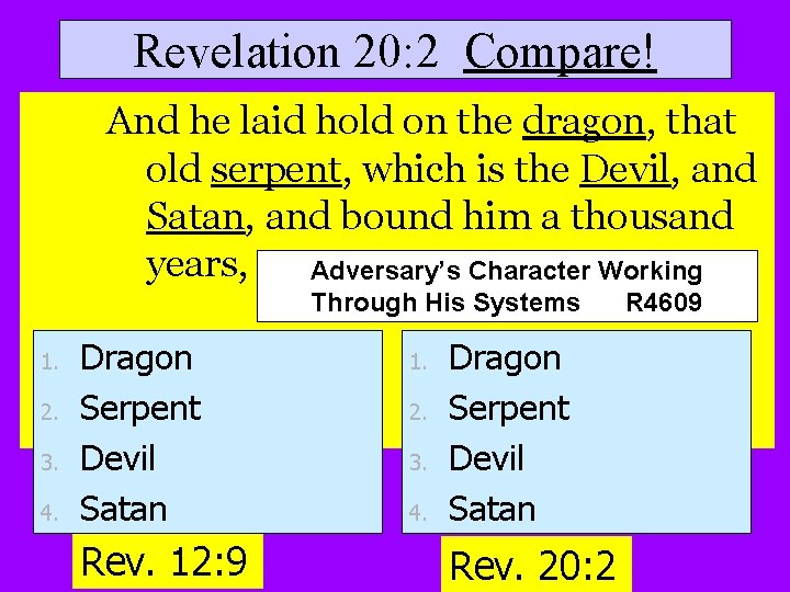 Revelation 20: 2 Compare! And he laid hold on the dragon, that old serpent,