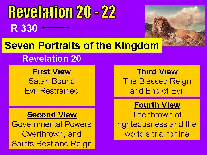 R 330 Seven Portraits of the Kingdom Revelation 20 First View Satan Bound Evil
