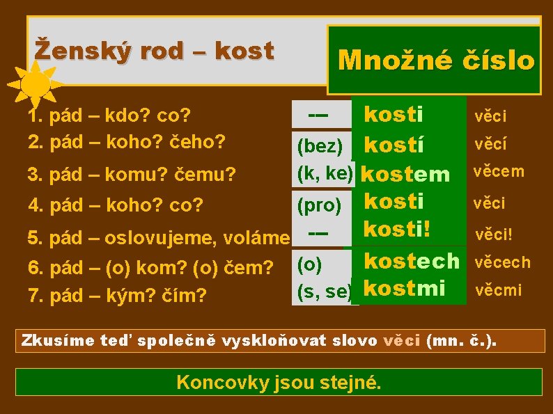 Ženský rod – kost 1. pád – kdo? co? 2. pád – koho? čeho?