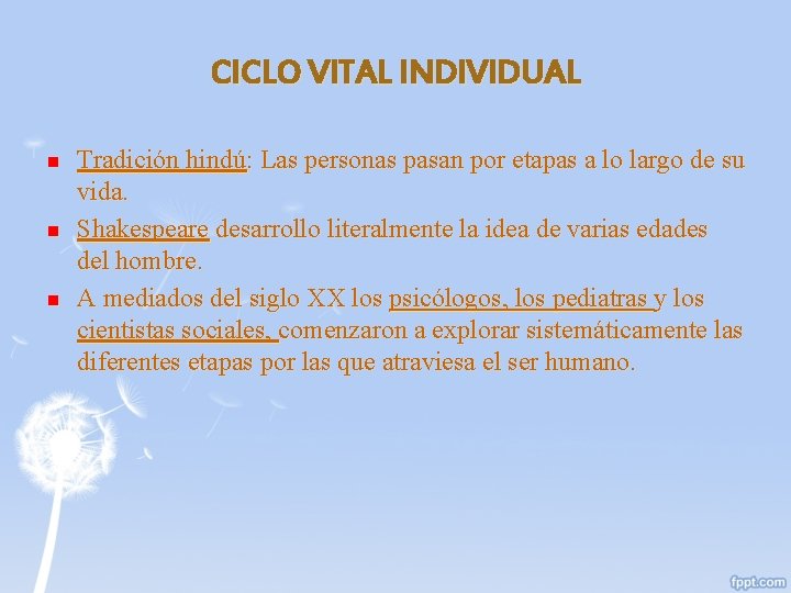 CICLO VITAL INDIVIDUAL n n n Tradición hindú: Las personas pasan por etapas a