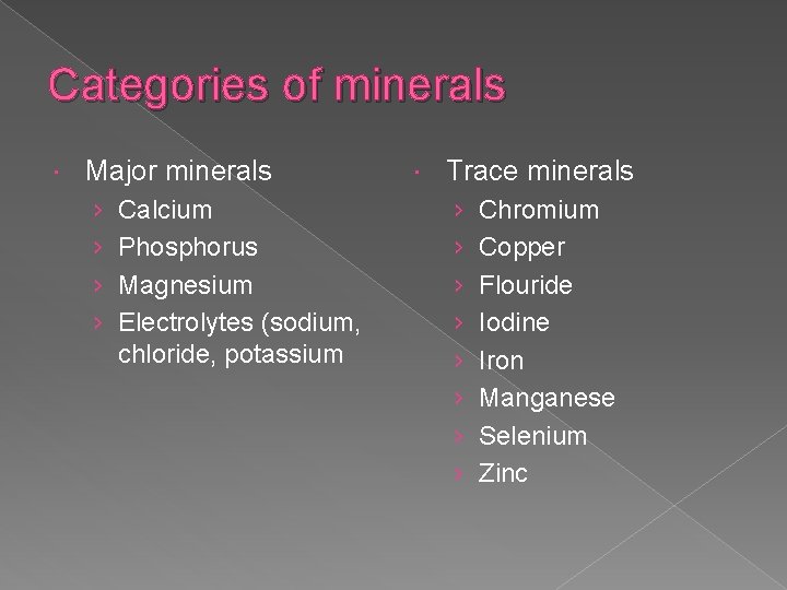 Categories of minerals Major minerals › › Calcium Phosphorus Magnesium Electrolytes (sodium, chloride, potassium