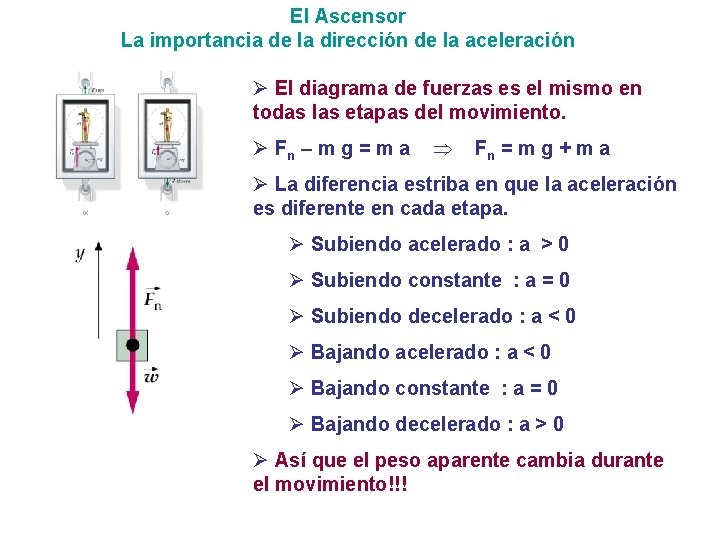 El Ascensor La importancia de la dirección de la aceleración Ø El diagrama de