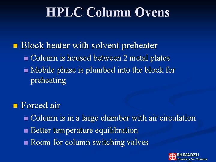 HPLC Column Ovens n Block heater with solvent preheater Column is housed between 2 HPLC Column Ovens n Block heater with solvent preheater Column is housed between 2