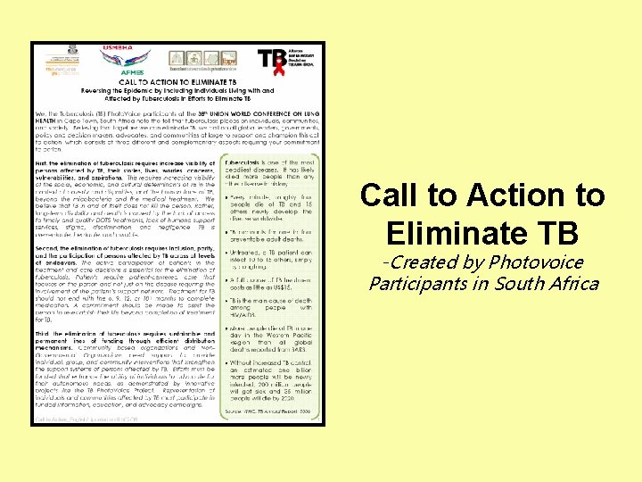 Call to Action to Eliminate TB -Created by Photovoice Participants in South Africa 