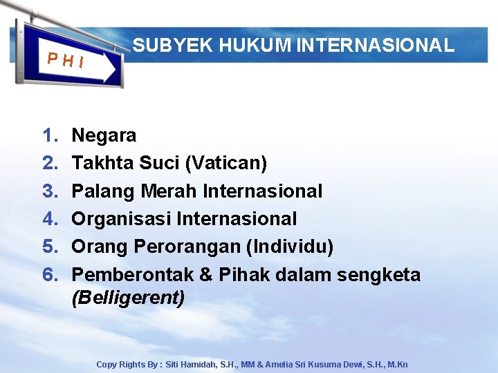 PHI 1. 2. 3. 4. 5. 6. SUBYEK HUKUM INTERNASIONAL Negara Takhta Suci (Vatican)