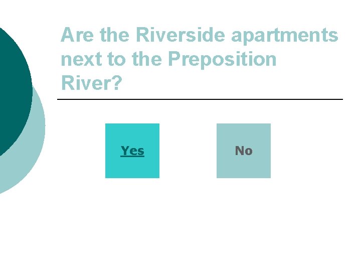 Are the Riverside apartments next to the Preposition River? Yes No 