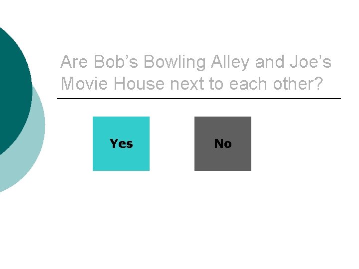 Are Bob’s Bowling Alley and Joe’s Movie House next to each other? Yes No